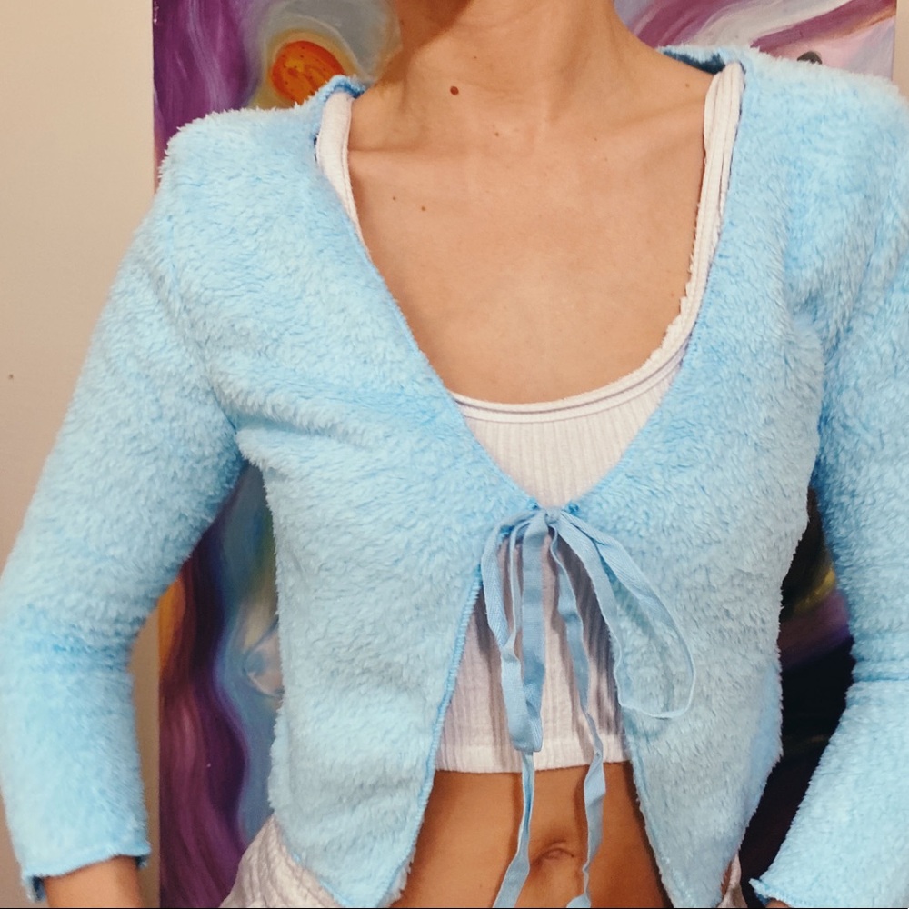 Fuzzy Blue Tie Front Cropped Sweater - Picture 2 of 3